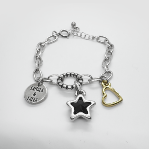 Silver plated bracelet with Black stone accents and Heart charm