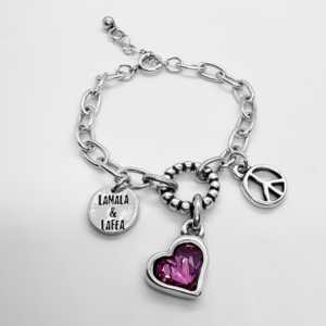 Silver plated bracelet with Fuchsia Swarovski accents and Peace charm