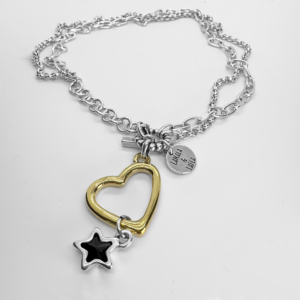 Double necklace Silver plated Black stone star and Heart charm gold