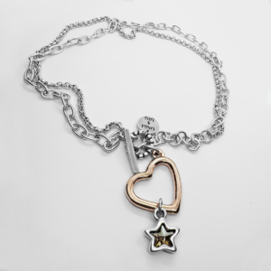 Double necklace Silver plated Champagne Swarovski star and Heart charm rose gold
