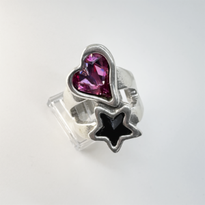 Doble rings silver plated with Swarovski Cristal Fuchsia and Black stone