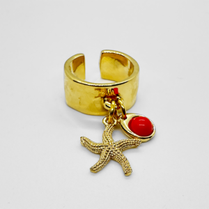 Gold-plated Ring with starfish detail and bead red