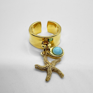 Gold-plated Ring with starfish detail and bead turquoise