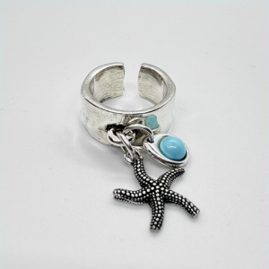 Silver-plated Ring with starfish detail and bead turquoise